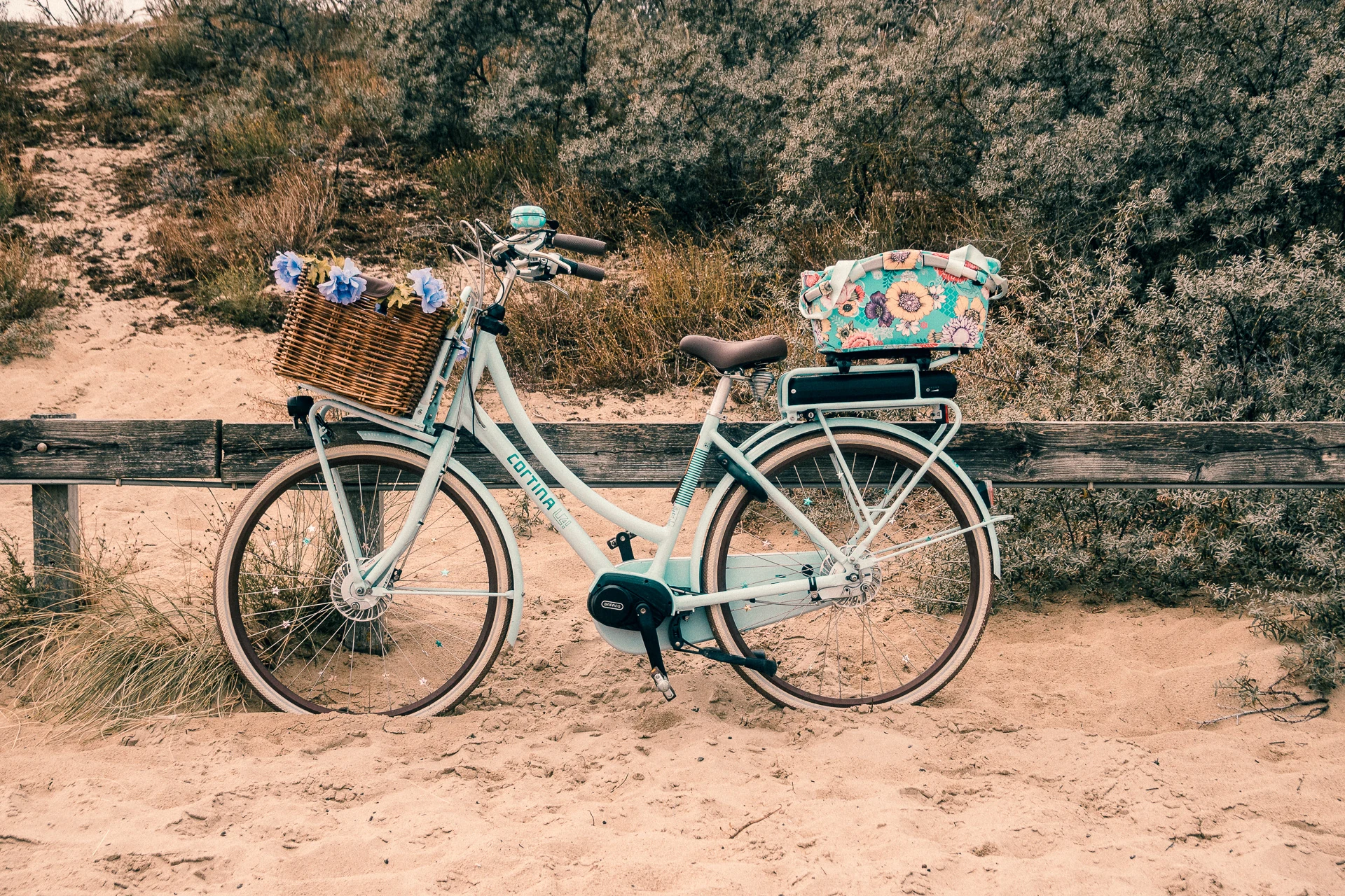 Hollandrad mit Blumenkorb und bunter Tasche am Zaun in den Dünen