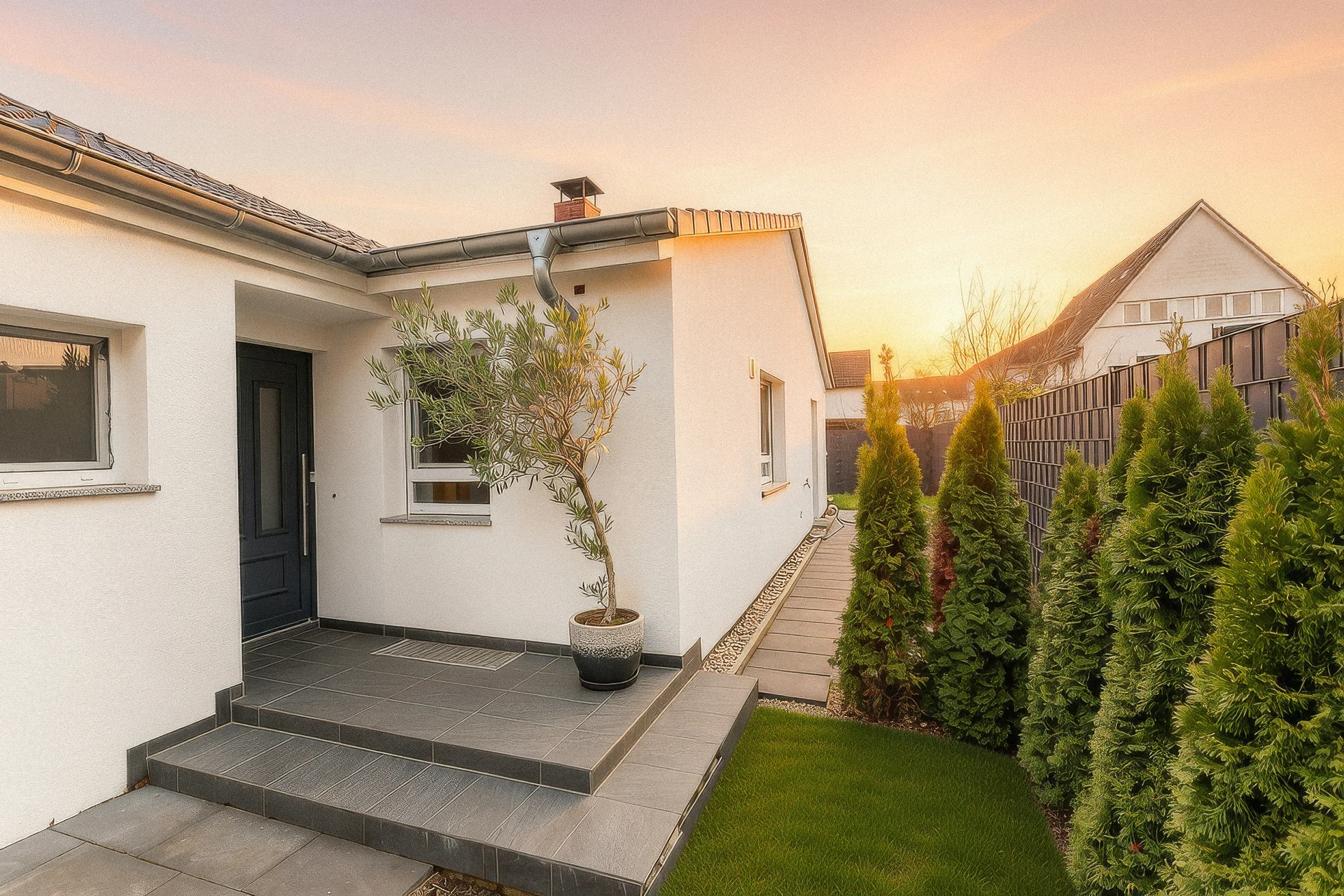 Eingang des Einfamilienhauses mit Stufen, Olivenbaum und Hecke, Abendhimmel mit KI
