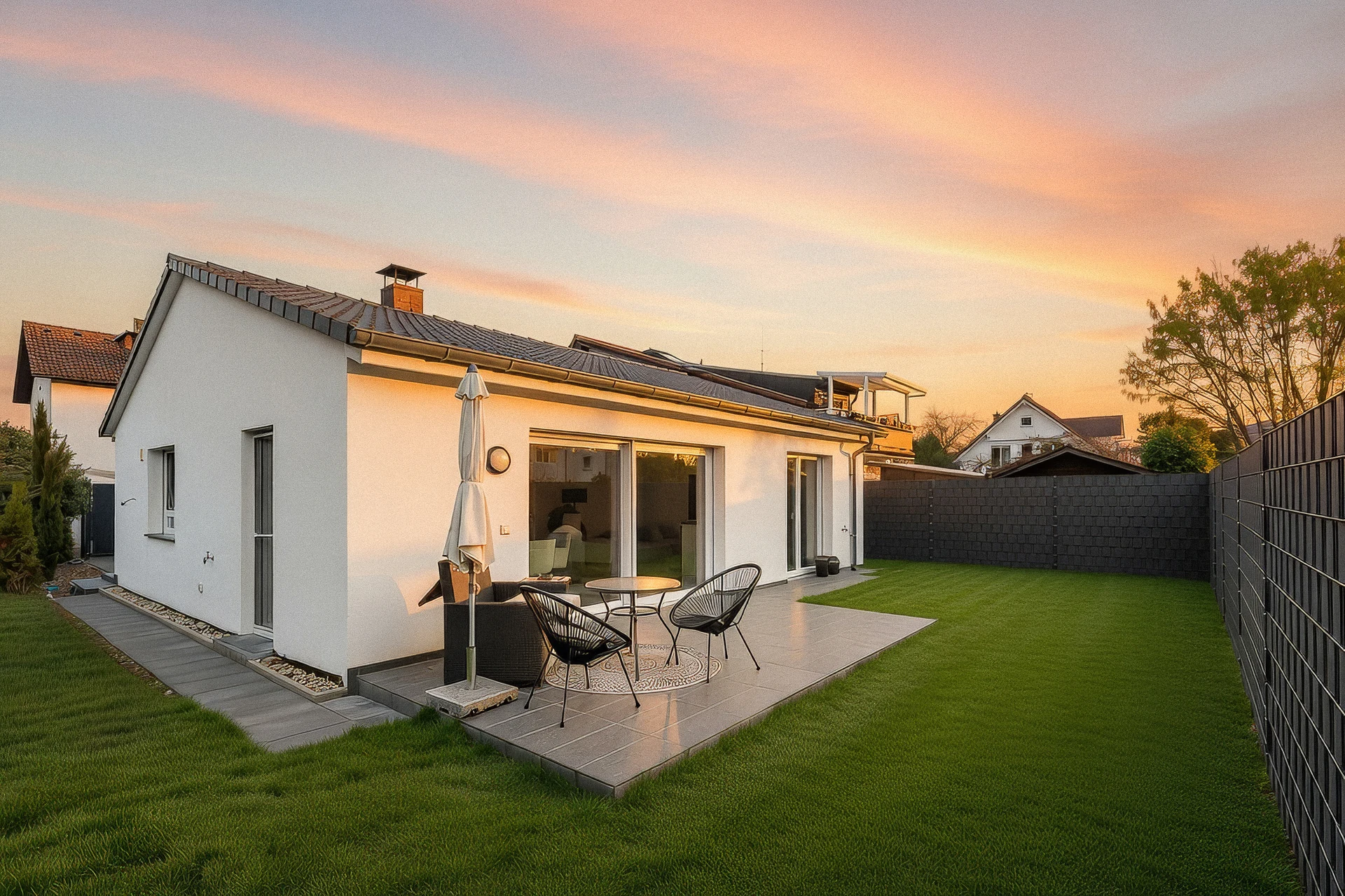Garten mit Rasen und Terrasse hinter dem Haus, Abendhimmel mit KI